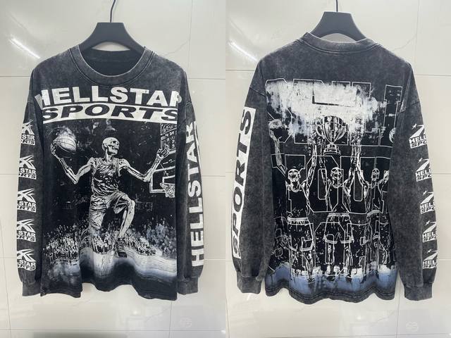 8105#洗水炒花黑色 ｜ 现货实拍高清 Hellstar地狱之星 跨境欧美风 街头潮牌纯棉长袖T恤 面料 Fabric :26支300克洗水精梳双纱纯棉 码数