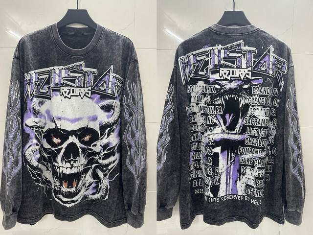 8103#洗水炒花黑色 ｜ 现货实拍高清 Hellstar地狱之星 跨境欧美风 街头潮牌纯棉长袖T恤 面料 Fabric :26支300克洗水精梳双纱纯棉 码数