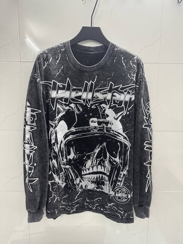 8102#洗水炒花黑色 ｜ 现货实拍高清 Hellstar地狱之星 跨境欧美风 街头潮牌纯棉长袖T恤 面料 Fabric :26支300克洗水精梳双纱纯棉 码数