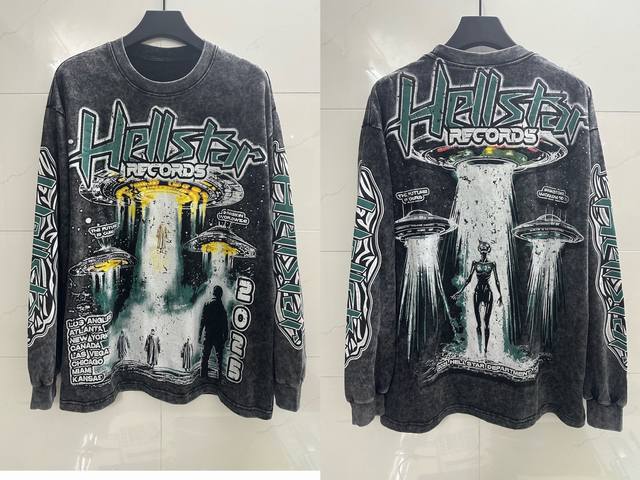 8101#洗水炒花黑色 ｜ 现货实拍高清 Hellstar地狱之星 跨境欧美风 街头潮牌纯棉长袖T恤 面料 Fabric :26支300克洗水精梳双纱纯棉 码数