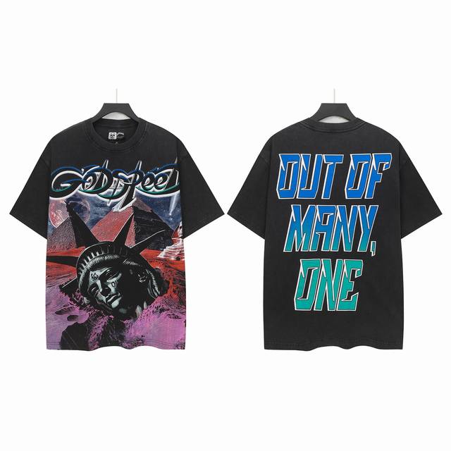 6336#洗水黑色 ｜ 现货实拍 New Godspeed 跨境美式摇滚街头洗水复古风 短袖T 数码印花 面料 Fabric ：32支精梳双纱250克重 码数