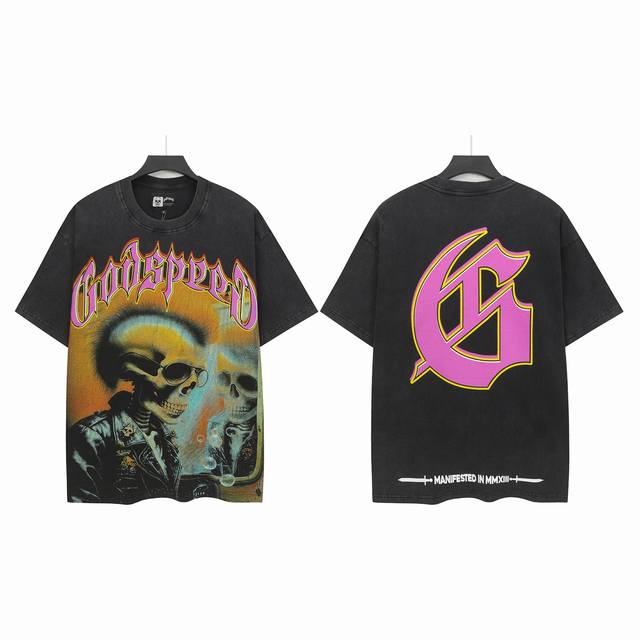 6335# 洗水黑色｜ 现货实拍 New Godspeed 跨境美式摇滚街头洗水复古风 短袖T 数码印花 面料 Fabric ：32支精梳双纱250克重 码数