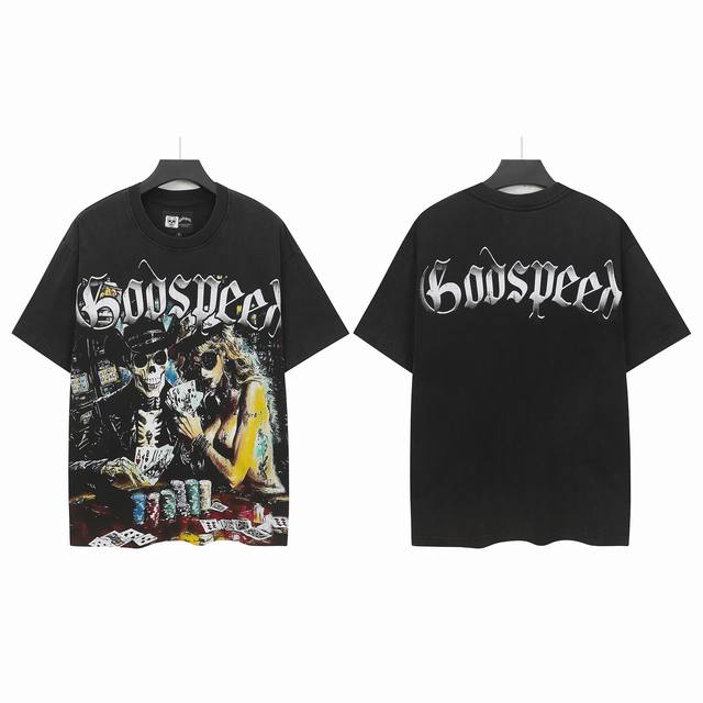 6150###洗水黑色 ｜ 现货实拍 New Godspeed 跨境美式摇滚街头洗水复古风 短袖T 数码印花 面料 Fabric ：32支精梳双纱250克重 码