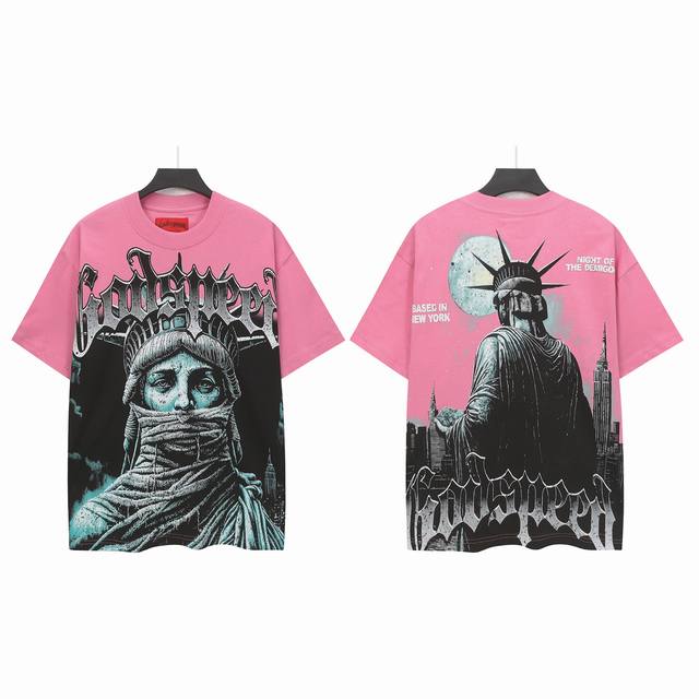 5156#巴黎粉｜ Godspeed 跨境美式摇滚街头洗水复古风 短袖T 工艺印花 面料 Fabric ：32支精梳双纱240克重 码数 Size ：S-M-L