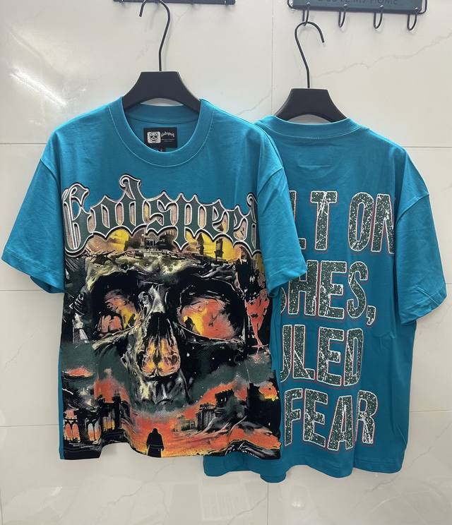 5157#湖水蓝｜ Godspeed 跨境美式摇滚街头洗水复古风 短袖T 工艺印花 面料 Fabric ：32支精梳双纱240克重 码数 Size ：S-M-L