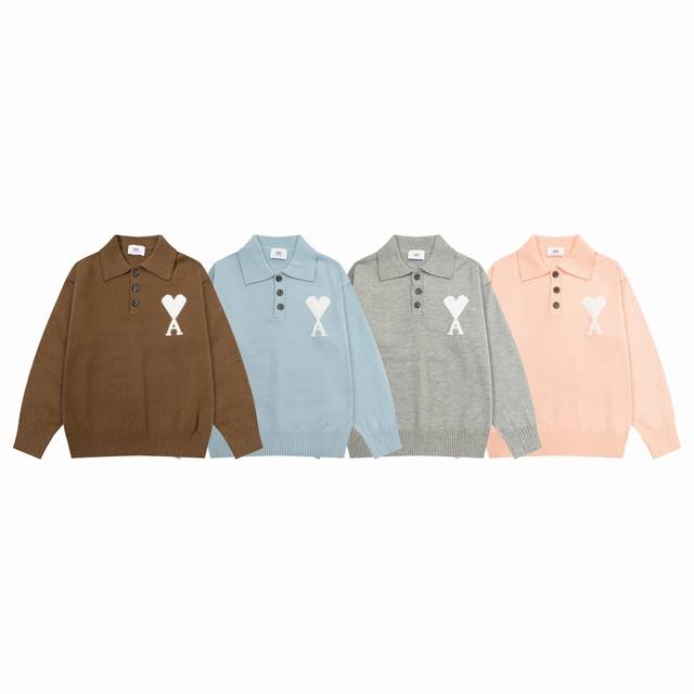 8202# Ami paris2025[秋冬新品]白色爱心提花Adc羊驼毛混纺宽松毛衣polo领套头毛衣 男女同款 Oversize版型 颜色：棕色 蓝色 浅灰