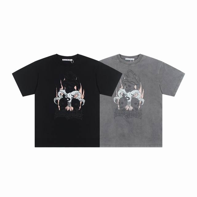 1221# Acne Studios 新品复古做旧褪色 棉质圆领骷髅印花T恤短袖 230克双纱纯棉面料 宽松版型 男女同款 颜色：普洗黑 褪色黑 码数：S-Xl