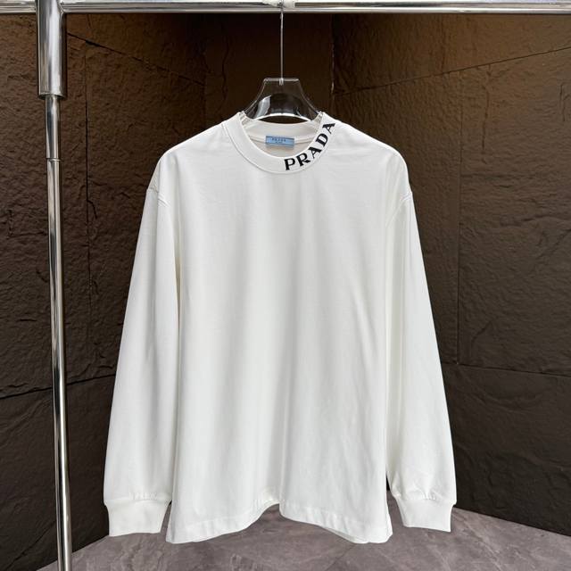 prad* 普拉达* 2025秋冬新款厚长袖T恤 320克纯棉Logo 立体硅胶 颜色：黑色 白色 夜幕蓝 码数：S M L Xl