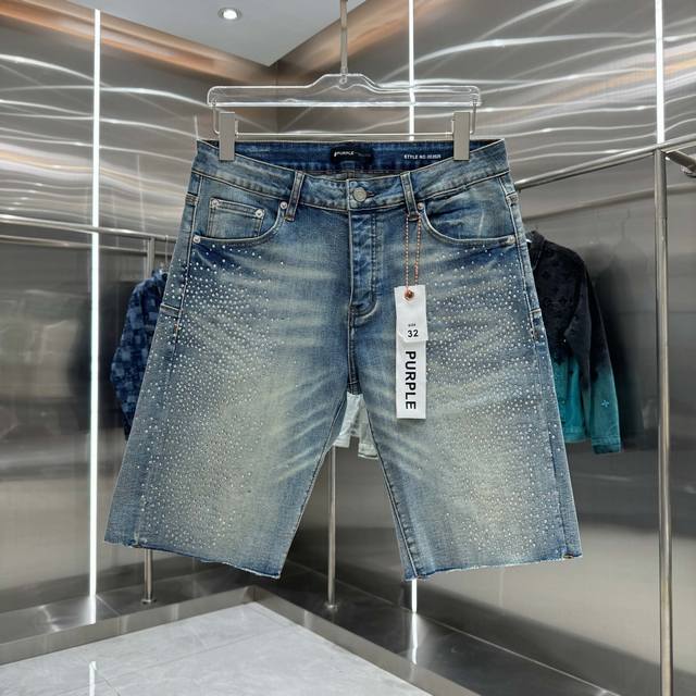 purple Brand 重工烫钻水洗工艺街头潮流风格弹力牛仔裤短裤 颜色 蓝色 码数 30 32 34 36 38