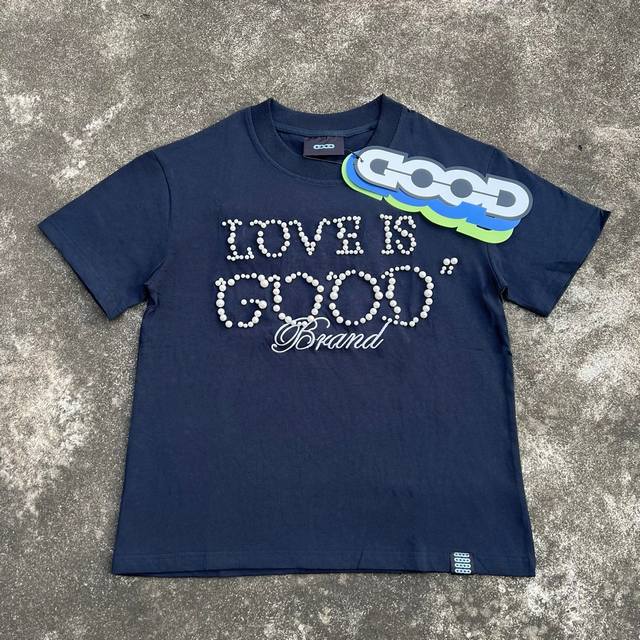 特价 款号309 Goodbrand 简约珍珠标语圆领短袖 24春夏T恤 男女同款 颜色：蓝色 码数：S M L Xl
