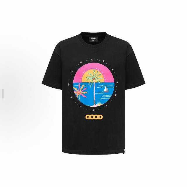 款号366 Goodbrand 椰树烫钻花体标语印花圆领套头短袖T恤 男女同款 颜色：黑色 米黄色 码数：M-Xxl