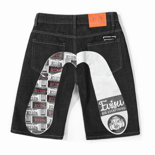 款号Cc615 Evisu福神断裂拼接达摩印花刺绣大M牛仔短裤男女同款 高弹牛仔面料 重磅专柜最新款 走一波 绝对私房牛货 官网柜子同步火爆在售 后侧发M印花摸