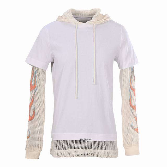 Givenchy纪梵希Gvc 层叠火焰网袖拼接连帽卫衣 定制双纱面料，配套1*1索罗娜螺纹 ，以及定染，全棉网纱，上身垂感十足，纯手工弹力胶印，做工复杂 时效慢
