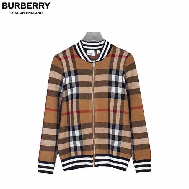 Burberry 巴宝莉新款经典条纹格子立领开衫毛衣针织外套 原针织格对格，条对条，定制拉头 三张吊牌 颜色：棕 黑 尺码：S M L