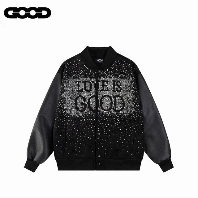 Goodbrand25Ss烫砖贴布绣花工艺棒球服外套 高温烫砖 颗颗饱满 选用防澳白砖石 一颗颗镶嵌 尽显工艺细致 700 克龙凤尼料搭配 荔枝纹皮革袖子 五金