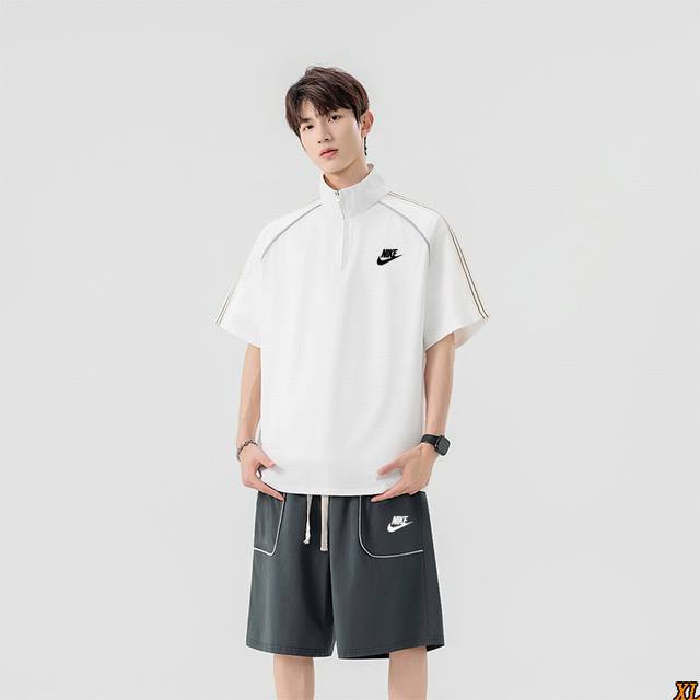 耐克 独家实拍上新夏季高品质抗菌半拉链polo衫防晒短袖套装跑步运动套装半拉链立领T恤跑步套装宽松休闲五分裤两件套，本季主打，货源充足，放心主推，高端品质，经典