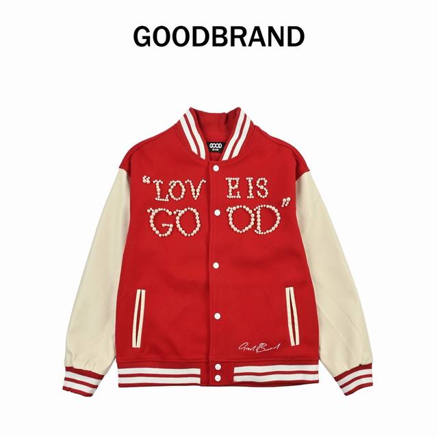 Goodbrand Love Is Good经典珍珠标语拼色棒球服男女同款夹克外套。 颜色：黑色、红色。 尺码：S、M、L、Xl