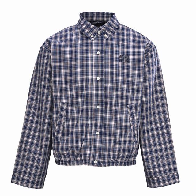 Miu Miu缪缪Mm 蓝格子束腰刺绣格纹夹克外套 定制蓝白全棉格纹纱织，采用进口机刺绣工艺，红外线定位裁床，从而满足格纹对位高精度裁剪的效果 损耗料极高，平均