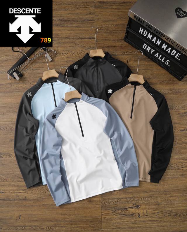 Descente迪桑特25S春季新款半拉链拼色户外运动登山骑行长袖弹力速干打底衫 -拼色设计，立体硅胶Logo，不花里胡哨，品牌标识感十足，简约大气有质感，高品