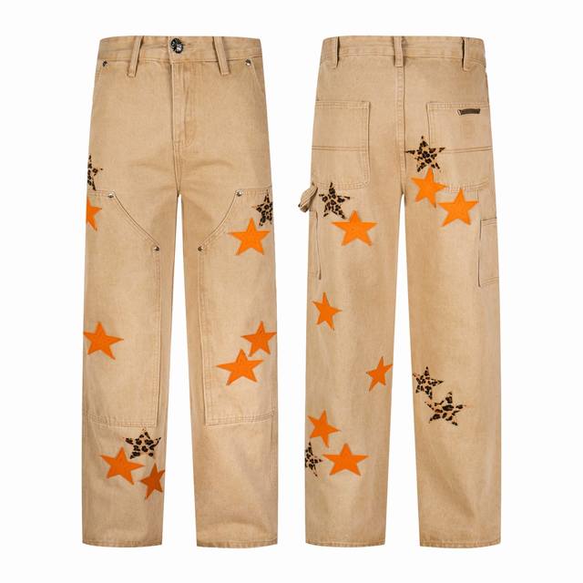 克罗心Chrome Hearts 伐木卡其橙色豹纹星星情侣牛仔裤 当季爆款，无数明星潮人追捧。裁剪工艺细节处理工整为玩味时尚增添色彩工整细致，合身的版型构造更是