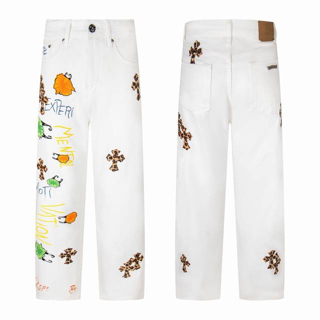 Chrome Hearts｜ Ch克罗心 25Ss 白底拼豹纹中古涂鸦绘画高街牛仔裤 克罗心里面颜色最能打的裤子啦啦啦 采用珠帆布面料，重工水洗使面料上身更有质