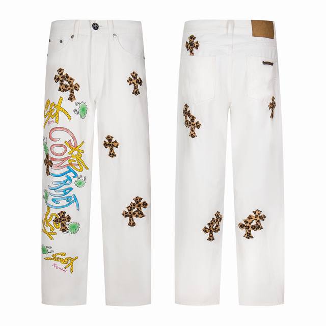 Chrome Hearts & 克罗心 白底拼豹纹中古涂鸦绘画高街牛仔裤 克罗心里面颜色最能打的裤子啦啦啦 采用珠帆布面料，重工水洗使面料上身更有质感，裤型挺拔