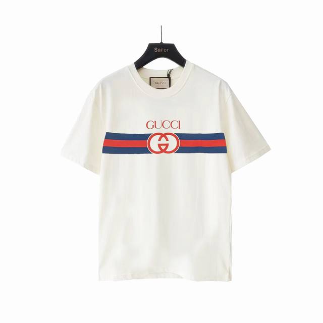 实拍细节图+尺码表 Gucci 古驰 蓝红条纹双Glogo印花短袖 专柜同款圆领短袖T～代表性品牌印花字母设计～定制棉质面料～ 厚板立体！衣服偏厚使整体高透气和