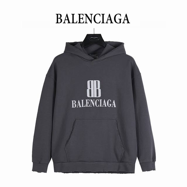 Balenciaga巴黎世家 25Fw 双B字母Logo印花破洞连帽卫衣 Nano Bb Cropped Hoodie褪色黑色连帽卫衣 面料：面料采用定制450