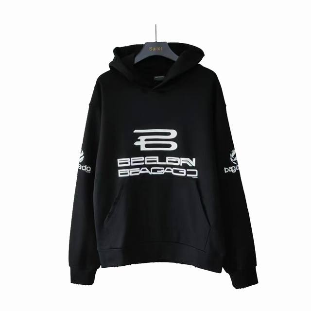 实拍细节图+尺码表 Balenciaga 巴黎世家 Ai生成字母连帽卫衣 椭圆机印花细腻 图案部份采用涂鸦风格 多工艺字体结合 领口肩部高密度缝线 采用双针锁连