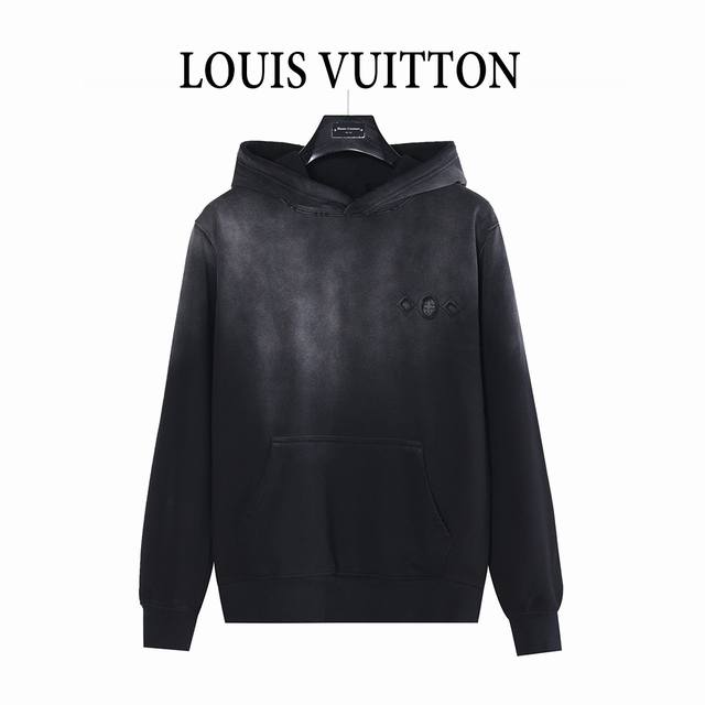 Louis Vuitton 路易威登 三花及云朵大Logo裁剪贴布刺绣水洗破洞连帽卫衣 美式酸洗做旧激光烧花贴布绣 最高版本 定制面料 克牛肚毛圈面料 胸口三花