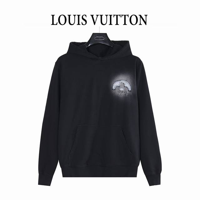 Louis Vuitton 路易威登 25Fw 四叶草Logo牛仔贴布刺绣水洗破洞连帽卫衣 美式酸洗做旧激光烧花贴布绣 最高版本 定制面料 克牛肚毛圈面料 胸口