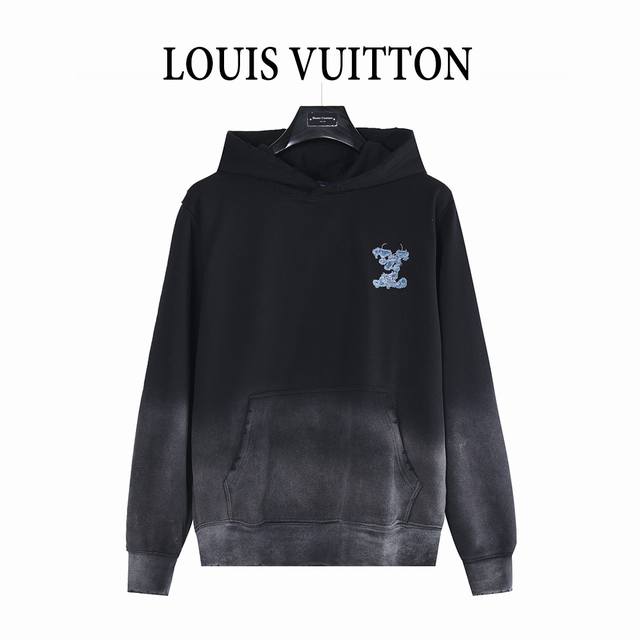 Louis Vuitton 路易威登 25Fw 云朵牛仔Logo贴布刺绣水洗破洞连帽卫衣 美式酸洗做旧激光烧花贴布绣 最高版本 定制面料 克牛肚毛圈面料 原身布