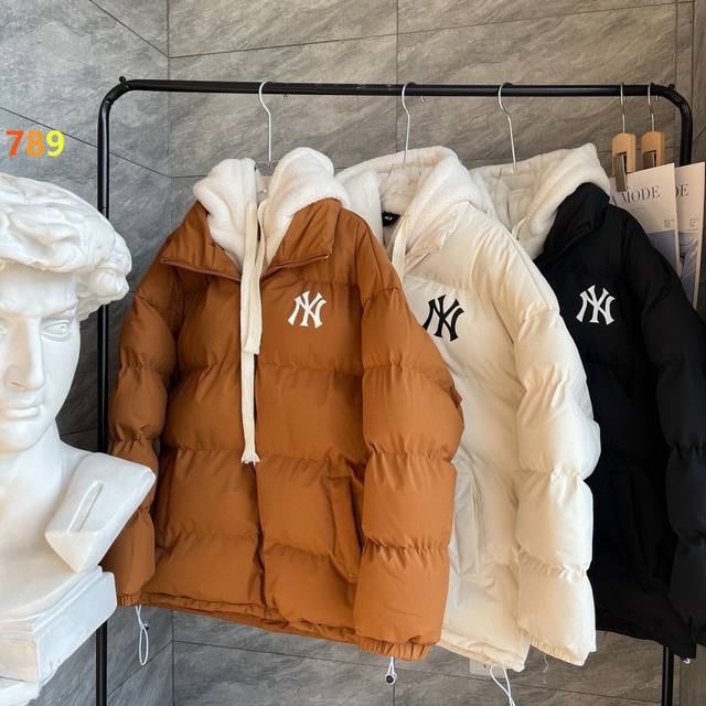 Mlb冬季新款假两件羊羔毛拼接冬季情侣款连帽棉服外套，三色可选，学院风十足，休闲运动均可驾驭，经典永不过时系列绝佳冬季出行穿搭必备单品 寒冬一定闭眼入的百搭单品