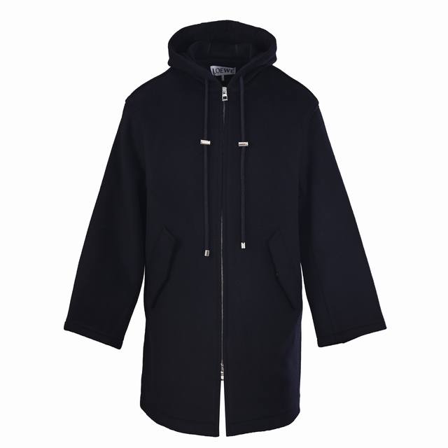 Loewe罗意威 皮标长款连帽外套大衣 定制定染重磅绒密双面羊毛呢，人体学红外线立体裁剪，确保裁片左右上下对称，智能温控复合，通过电脑数字化控温，以及分区压力调