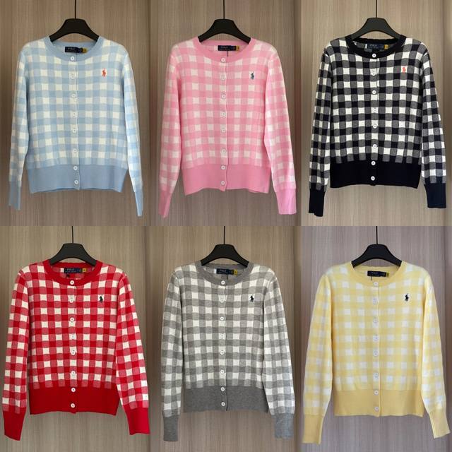 W619- Ralph Lauren拉夫劳伦六色经典小标刺绣拼格子长袖链针织毛衣女生上衣 颜色：粉色 黄色 灰色 红色 蓝色 黑色 Size：S M L 材质：