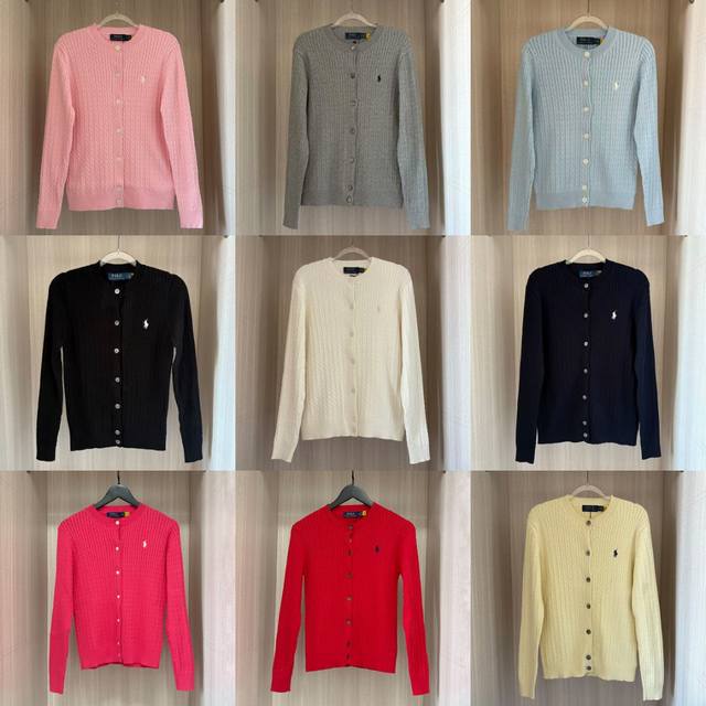 W602- Ralph Lauren拉夫劳伦十色经典小标刺绣圆领长袖纽扣开衫针织毛衣上衣 十种颜色 颜色：白色 黑色 藏青色 灰色 粉色 红色 西瓜红色 蓝色