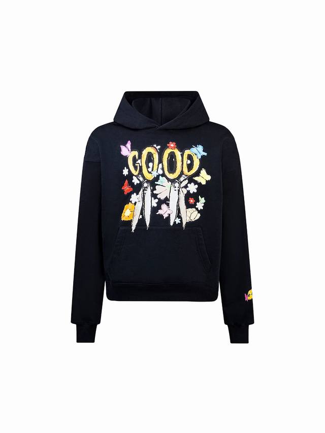 款号：903， Gb-Goodbrand蝴蝶鲜花与剪刀蜡笔画连帽卫衣 男女同款，500克重磅纯棉面料，原版1:1 颜色：黑色、灰色 尺码：S.M.L.Xl