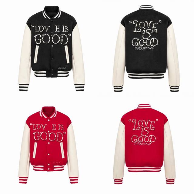 款号：101， Goodbrand Love Is Good经典珍珠标语拼色棒球服男女同款夹克外套。 颜色：黑色、红色。 尺码：S、M、L、Xl