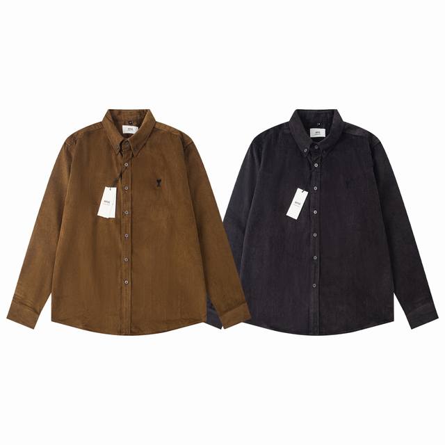 854#Ami经典黑色爱心灯芯绒衬衫 正肩版型 男女同款 灯芯绒柔软舒适 百搭时尚 颜色:黑色 咖色 码数:S M L Xl