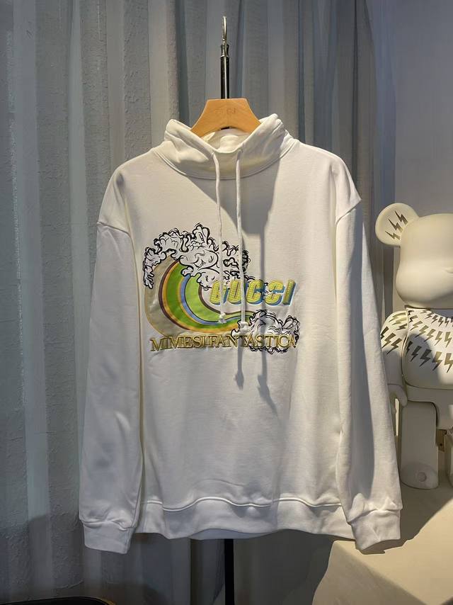 实拍图 顶级版本.官网品质 #Gucci古驰##波浪##刺绣#Zp开发Gucci25最新波浪泡沫印花加立体刺绣高领卫衣，区别市场通货，官方原版,定制32支双纱纯