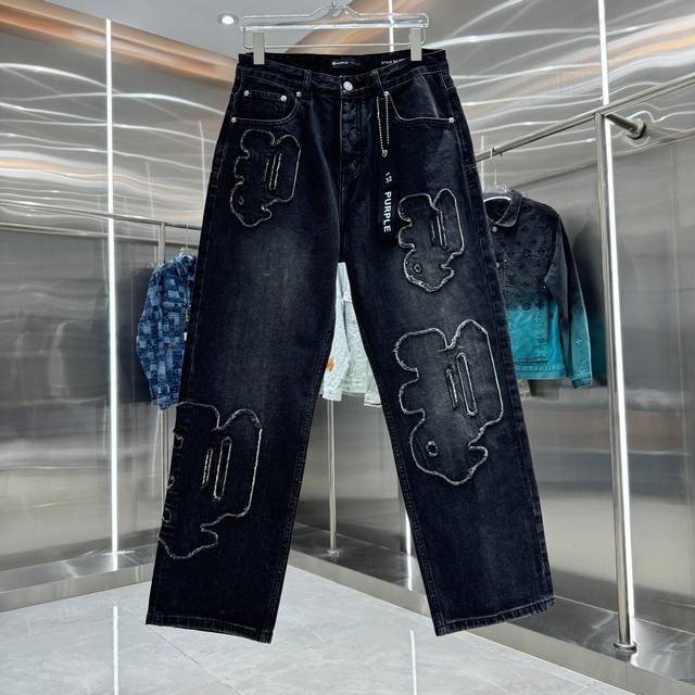 purple Brand 磨破刺绣工艺工装街头潮流宽松直筒牛仔裤 颜色 黑色 码数 30 32 34 36 38