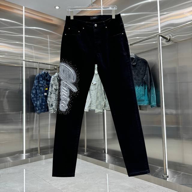 Amiri 烫钻字母工艺街头潮流修身小脚弹力牛仔裤 颜色 黑色 码数 30 32 34 36 38