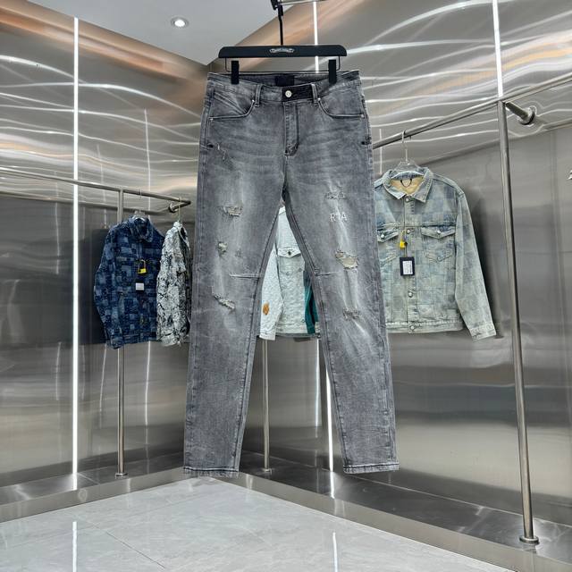 Rta 破洞+字母刺绣工艺街头潮流修身小脚弹力牛仔裤 颜色 浅灰色 码数 30 32 34 36 38