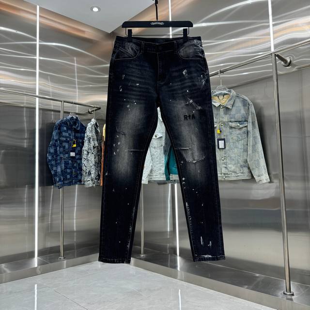 Rta 涂鸦破洞+字母刺绣工艺街头潮流修身小脚弹力牛仔裤 颜色 黑色 码数 30 32 34 36 38