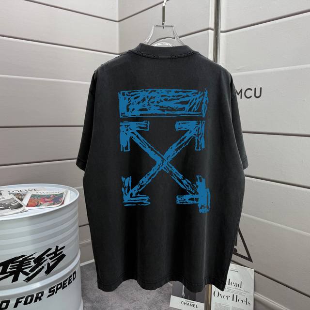 Off 2025秋冬新款 洗水磨破320克圆领短袖Tee 男女同款宽松版 颜色 :洗水黑 洗水白 洗水灰 褐色 尺码 :S M L Xl Xxl 尺码： S 9