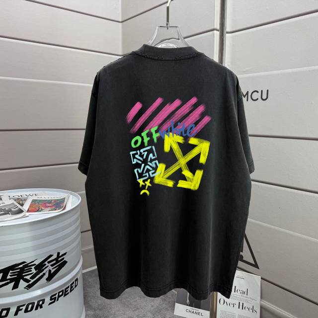 Off 2025秋冬新款 洗水磨破320克圆领短袖Tee 男女同款宽松版 颜色 :洗水黑 洗水白 洗水灰 洗水紫色 尺码 :S M L Xl Xxl 尺码： S