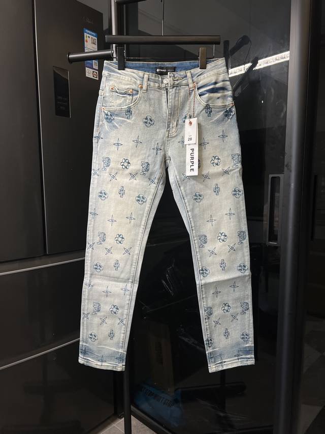 隔天 purple Jeans 美式浅色磨白水洗独特印花提花满印牛仔裤 蓝 Size：28 30 32 34 36 对应S-Xxl 详细尺码可查图9