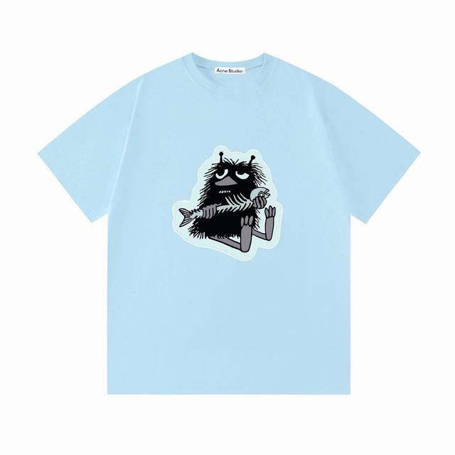 Acne Studios 联名 Moomin 限定系列 2026新款 童趣动漫印花Logo 男女同款 短袖T恤 定制300克100％双纱纯棉面料 定染32支双股