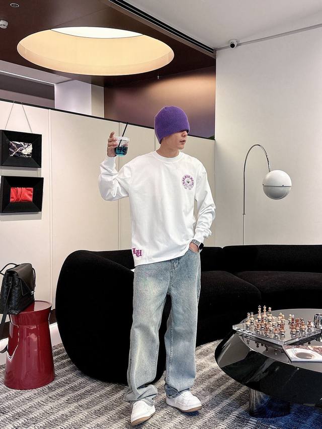 裤子 p ，衣服 p270 Chrome Hearte 克罗心 Ch 新款 十字架马蹄克罗心梵文 立体贴布秀工艺，水洗磨破，纯棉双纱汗布面料，同缸定染特种加粗3