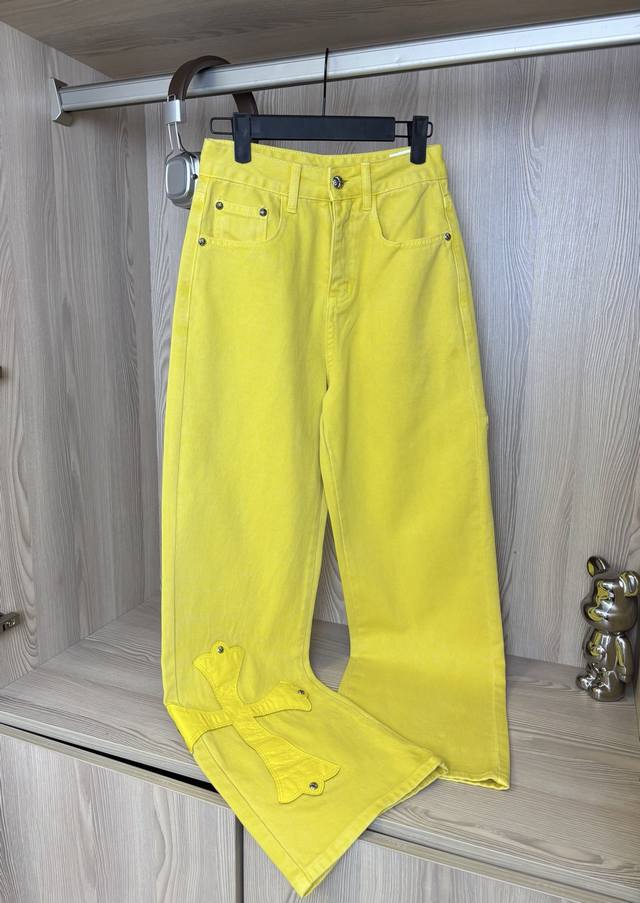 款号：Dc 55# Chrome Hearts克罗心 Ch范丞丞同款纽约限定大皮标多巴胺黄牛仔裤 意产特种牛皮印花再切割 订制羊皮三层粗线帖皮 整体拼接在重水水